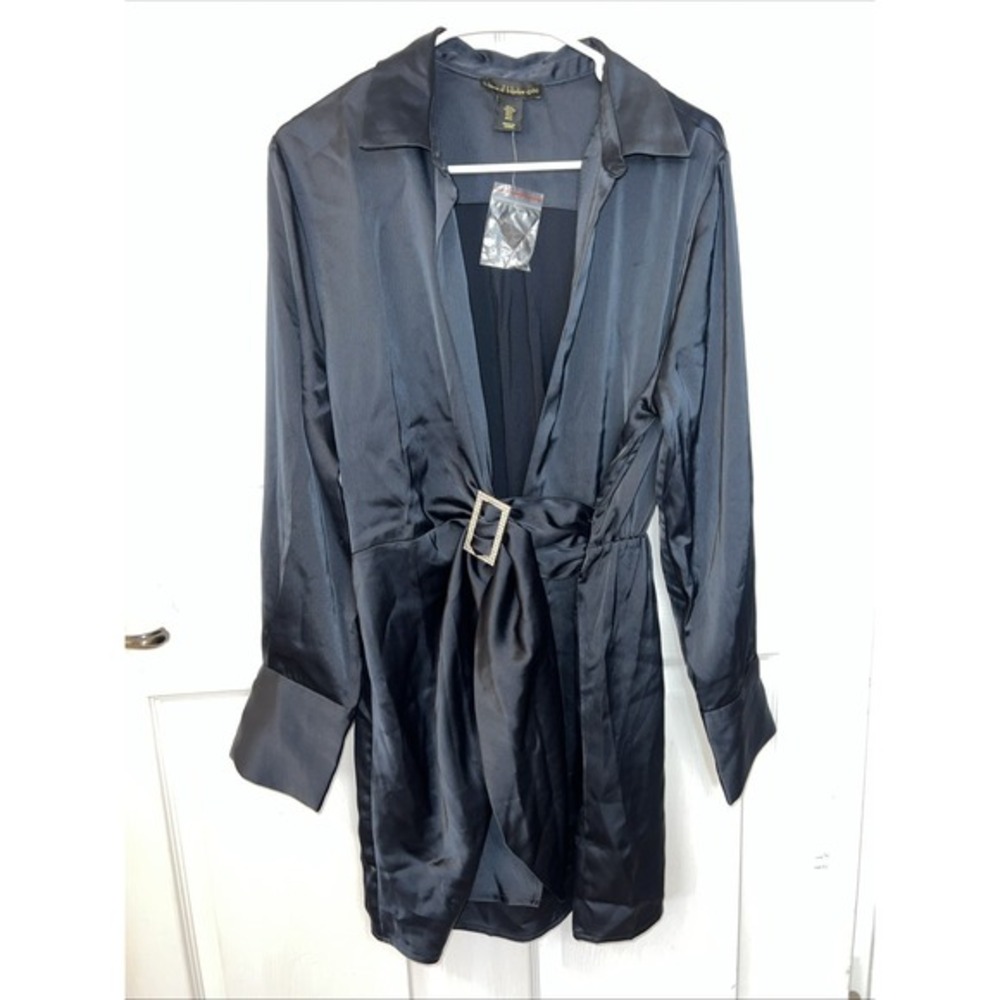 House of Harlow Black Satin Wrap Dress Size Large Holiday Christmas Party-NWOT